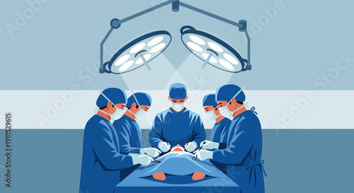 Surgical Team Performing Operation Under Bright Lights in Operating Room