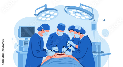 Surgical Team Performing Operation Under Bright Lights in Operating Room