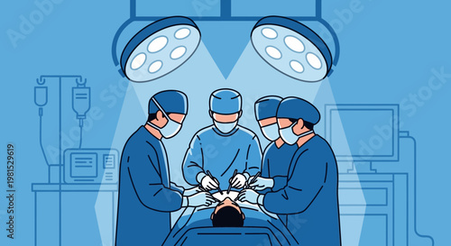Surgical Team Performing Operation Under Bright Lights in Operating Room