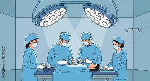Surgical Team Performing Operation Under Bright Lights in Operating Room
