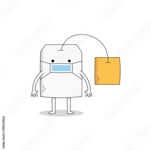Cute tea bag cartoon character wearing a medical mask doodle
