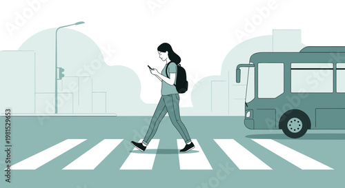 Woman crossing street on phone at crosswalk with bus approaching