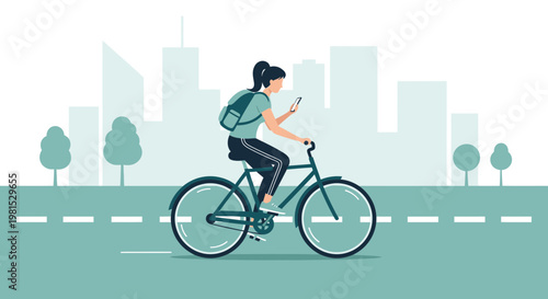 Woman cycling in city, looking at phone, urban commute, active lifestyle