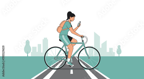 Woman cycling with smartphone in city, urban commute, healthy lifestyle, technology