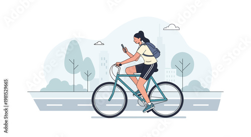 Woman cycling in city park using smartphone, healthy lifestyle, urban commute