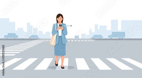 Woman crossing street on phone, business attire, urban background, crosswalk