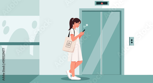 Woman in white dress checking phone while waiting for elevator, modern building interior