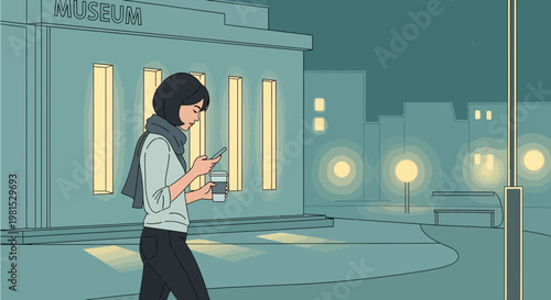 Woman on phone at night, city street, coffee cup, modern building, streetlights