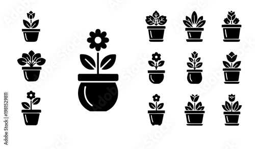 Minimal flower pot icon set plant silhouette vector isolated on white background