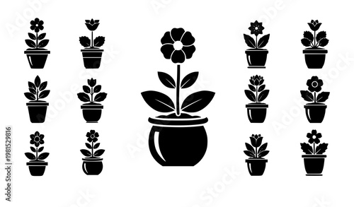 Potted plant silhouette icon collection flower pot vector isolated on white