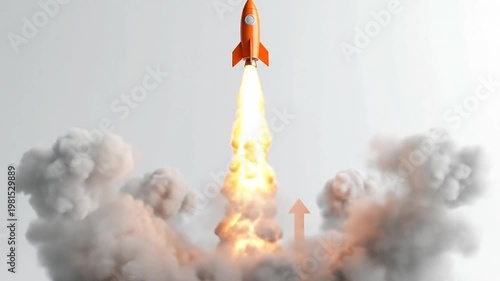 Orange et launching with smoke and upward arrow, symbolizing business growth and success.