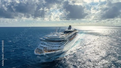 Large cruise ship sailing on the open ocean under a cloudy sky.