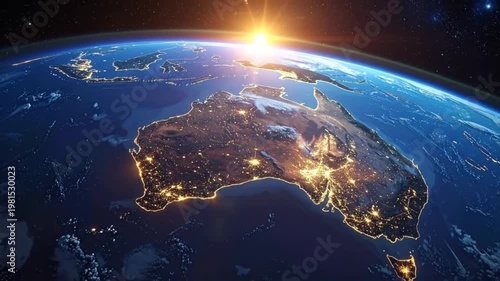 Spectacular view of Earth featuring Australia and Southeast Asia during sunrise.