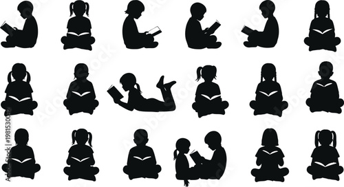 Diverse silhouettes of children engrossed in reading various books and positions