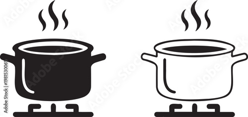 Cooking pot icon set with steam on gas stove burner, boiling soup in saucepan vector, black and white kitchen cookware symbols for recipe design