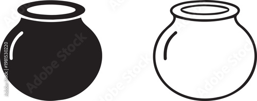 Minimalist clay pot icons, traditional ceramic vessel vector set, black silhouette and outline pottery jars for kitchenware or garden design