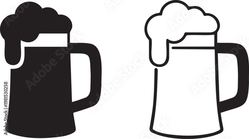 Minimalist beer mug icon set, black and white brewery glass vector illustrations, foaming lager pint symbols for pub menus and bar signage