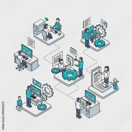 Isometric illustration of a team of developers working on a project, connected by a network.