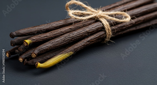 Vanilla beans tied with twine on dark surface showcasing rich color and texture for gourmet baking and flavoring applications