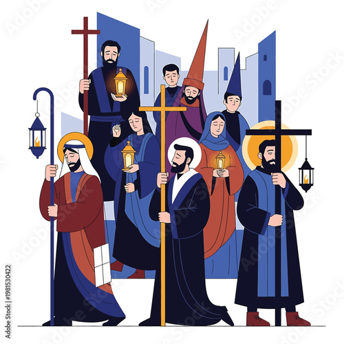 Group of monks with religious symbols.