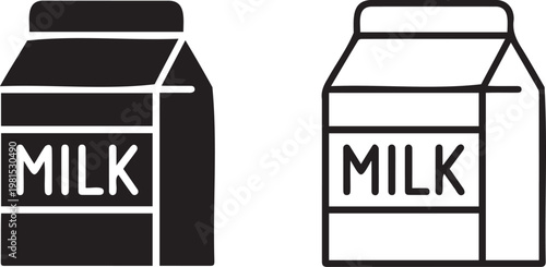 Minimalist milk carton icons in solid and line styles, dairy product packaging vector set, black and white beverage container illustrations