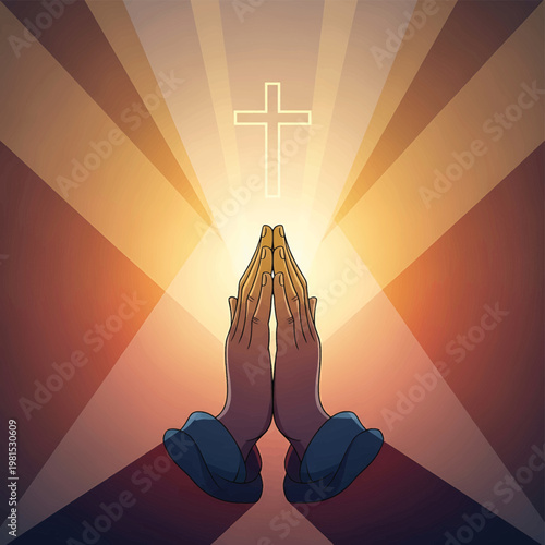 Hands in prayer with cross symbol.