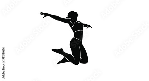 Woman silhouette leaps into the air with arms outstretched to celebrate fitness and personal freedom.