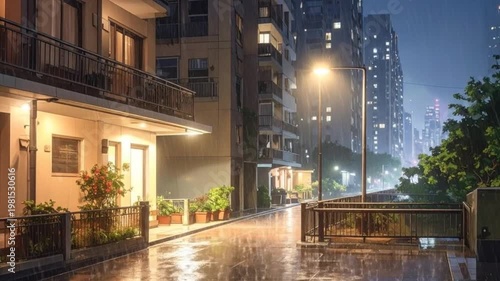 Rainy night scene in a city with wet streets and illuminated buildings.