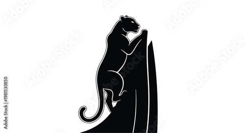 Panther silhouette stands poised against a high vertical structure in a minimalist black and white style.