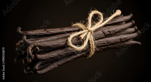 Aromatic vanilla bean pods tied with twine studio shot on dark background perfect for culinary use and gourmet baking ingredients