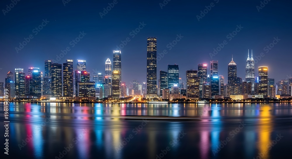 Fototapeta premium vibrant city skyline illuminated at night, with skyscrapers reflecting colorful lights on the calm water below.