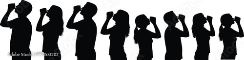 people drinking water silhouettes, hydration concept, men and women holding bottles, healthy lifestyle illustration, isolated black figures, daily refreshment, wellness habit