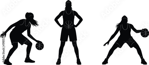 basketball player silhouettes set, female athlete dribbling poses, sports action collection, isolated black figures, training practice concept, dynamic movement illustration