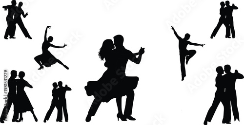 dance couple silhouettes set, ballroom dancers collection, romantic partner poses, elegant movement illustration, isolated black figures, performance art concept, graceful dancing