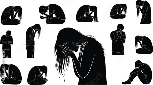 depression silhouettes collection, sad people poses, mental health concept, anxiety and stress illustration, emotional pain figures, isolated black vector, psychological struggle