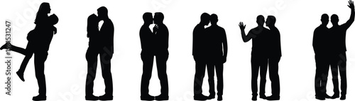 couple silhouettes set, romantic relationships collection, people hugging kissing poses, love concept illustration, isolated black figures, dating interaction, human connection scene