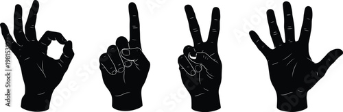 Foto hand gesture silhouettes set, counting fingers signs, human communication symbol