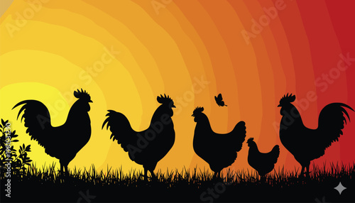 chicken silhouettes at sunset, rooster and hen farm scene, rural countryside poultry, sunrise gradient sky, nature landscape, agricultural lifestyle concept