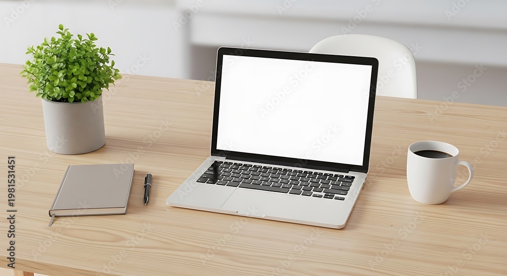 Fototapeta premium modern workspace featuring a laptop with a blank screen, a notebook, a potted plant, and a cup of coffee on a wooden desk.