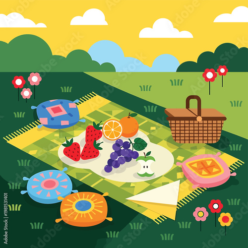 Colorful picnic food on blanket outdoors.