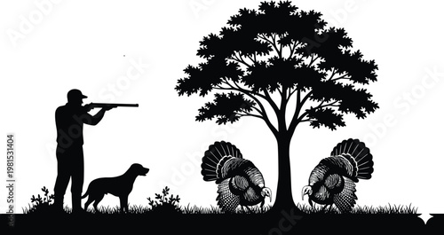 Silhouette hunter with dog aiming rifle near tree and wild turkeys, outdoor hunting scene, wildlife nature concept, rural landscape illustration