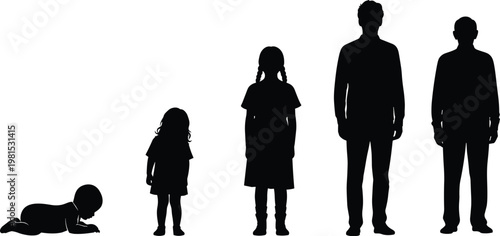 human, growth, stages, silhouette, child, girl, boy, adult, development, aging, lifecycle, progression, people, evolution, generation, timeline, maturity, transformation, concept, illustration