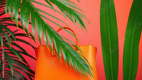 orange handbag with green palm leaves on pink background