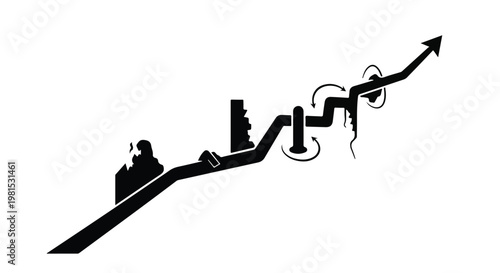 Arrow graph shows an upward trend with various abstract icons representing business growth milestones.