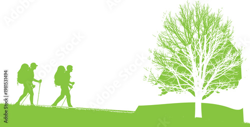 hiking, silhouette, couple, backpacking, trekking, adventure, nature, travel, outdoor, exploration, landscape, green, tree, journey, trail, walking, tourism, lifestyle, environment, freedom