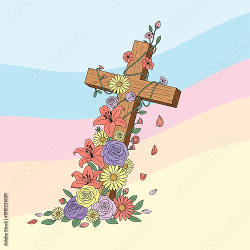 Brown wooden cross with colorful flowers.