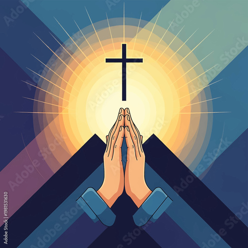 Hands Praying with Christian Cross Symbol.