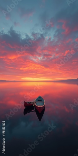 Silhouette of red canoe at vibrant sunset over calm lake with dramatic sky