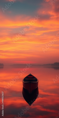 Silhouette of red canoe on calm lake at dramatic sunset with golden clouds
