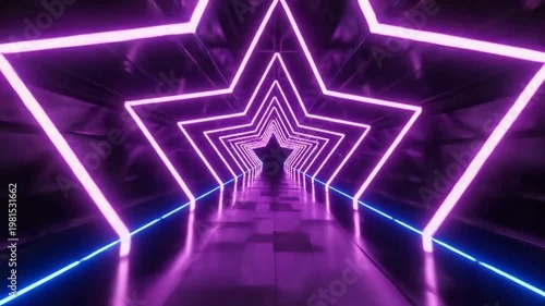 Abstract futuristic corridor with glowing neon stars, creating a sense of depth.